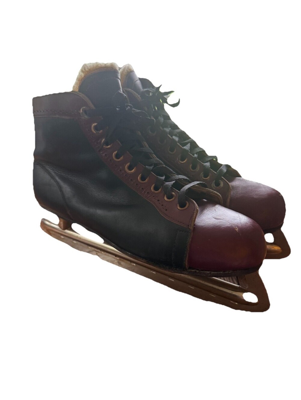 Vintage Union Hardware Leather Ice Hockey Skates Two Tone Black Burgundy Mens 11